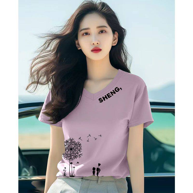 夏季100%纯棉V领短袖印花T恤女时尚新款洋气百搭显瘦鸡心领上衣服