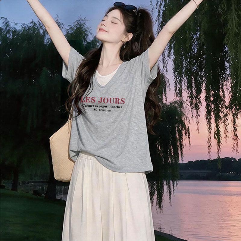 假两件竹节棉短袖V领T恤女时尚