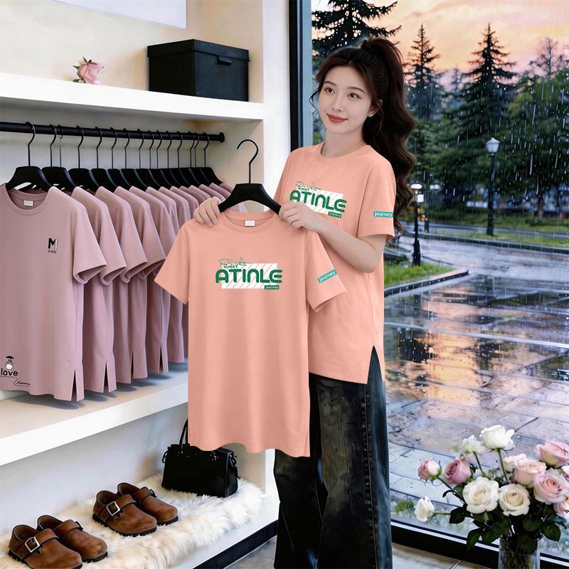夏季纯棉中长款短袖开叉T恤女