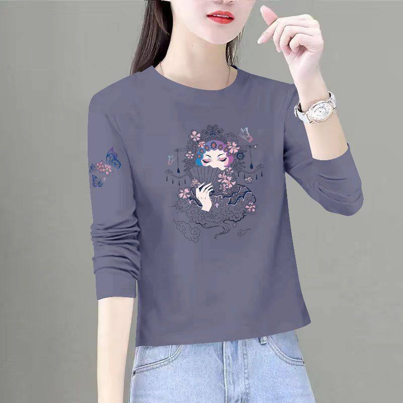 100%纯棉长袖印花短款T恤女春秋新款时尚洋气韩版宽松遮肉ins上衣