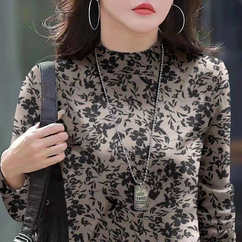 春秋半高领国风打底衫女时尚洋气新款潮流百搭印花水墨风休闲上衣