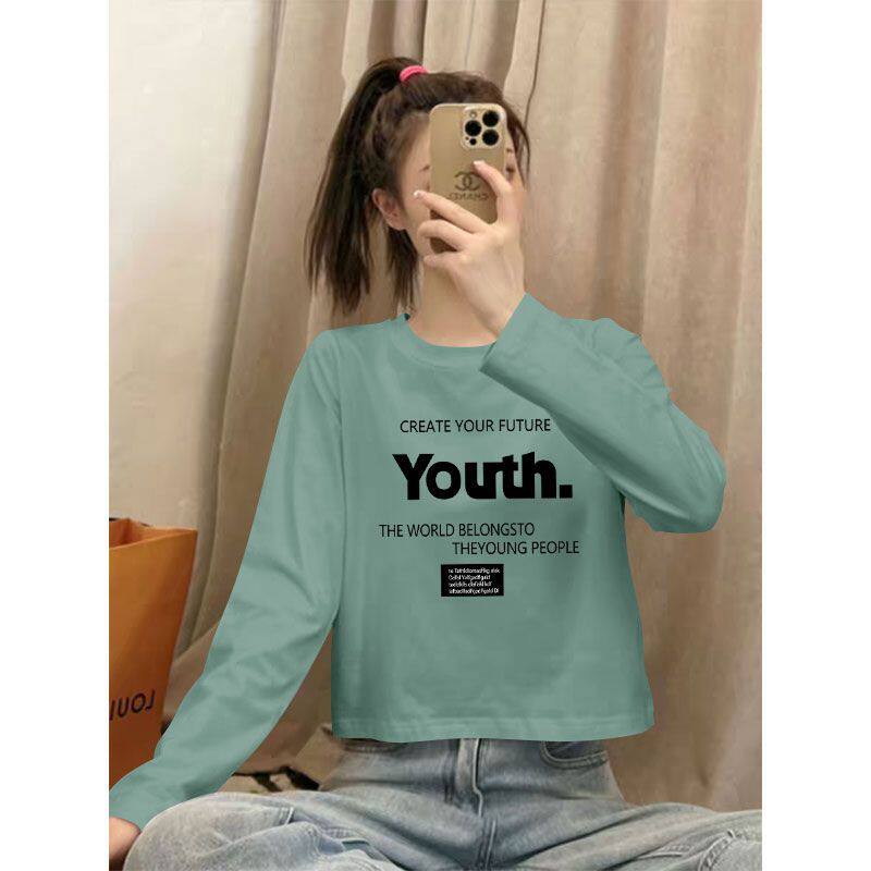 春秋100%纯棉高腰短款长袖T恤女时尚新款韩版百搭宽松显瘦上衣服