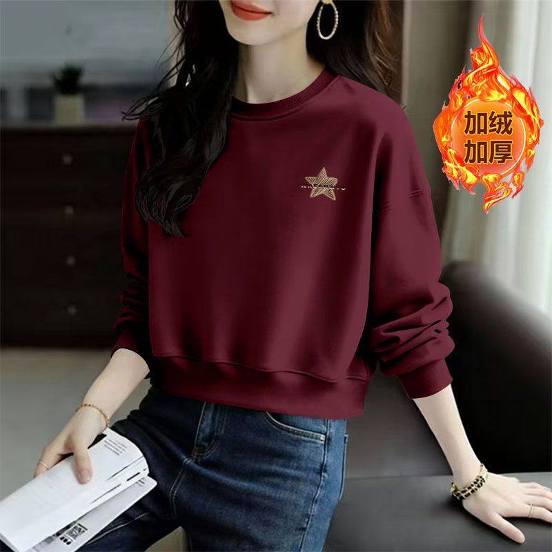 纯棉复合银狐绒短款高腰卫衣女秋冬加绒加厚时尚洋气小个子上衣潮