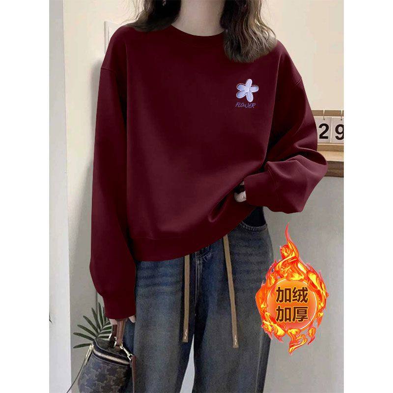 加绒加厚纯棉短款卫衣女秋冬新款时尚洋气韩版百搭小个子印花上衣