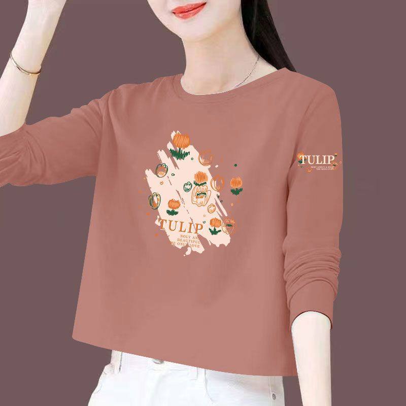 春秋纯棉短款高腰长袖印花T恤女时尚洋气宽松显瘦小个子圆领上衣