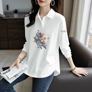 新款 T恤时尚 洋气百搭宽松显瘦上衣服 弧形POLO衫 春秋女士纯棉长袖