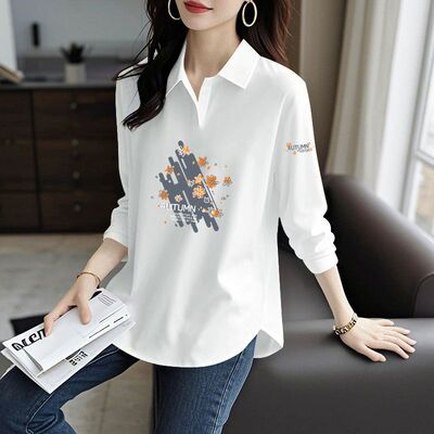 春秋女士纯棉长袖弧形T恤