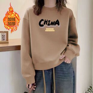 秋冬纯棉加绒加厚短款高腰卫衣女时尚韩版洋气百搭宽松显瘦上衣服