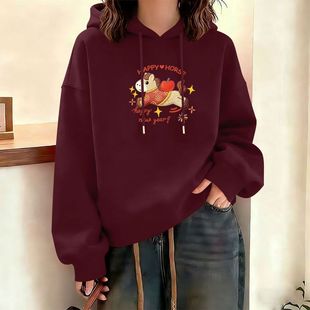 秋冬纯棉连帽短款加绒加厚新年卫衣女时尚洋气韩版本命年红色衣服