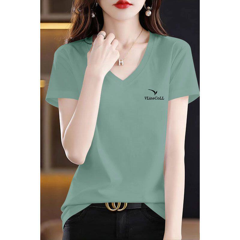 夏季纯棉V领短袖印花T恤女时尚通勤洋气韩版百搭显瘦鸡心领上衣服