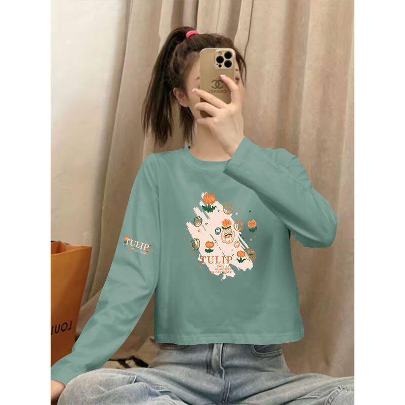 春秋100%纯棉长袖短款高腰T恤女时尚洋气潮流百搭小个子休闲上衣