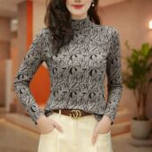 洋气百搭气质修身 秋冬国风印花半高领德绒打底衫 女时尚 显瘦上衣服