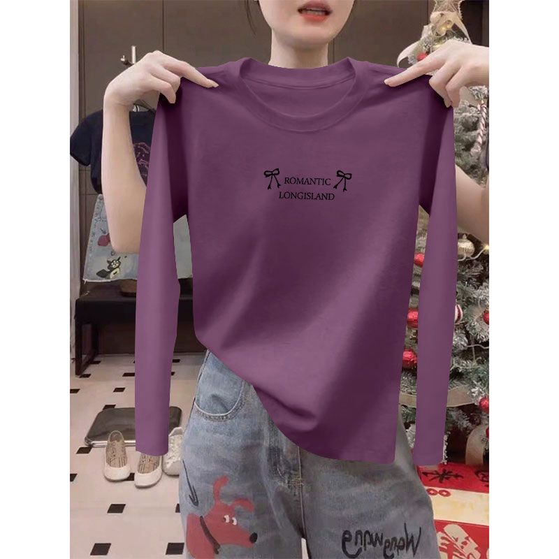 春秋100%纯棉长袖圆领T恤女