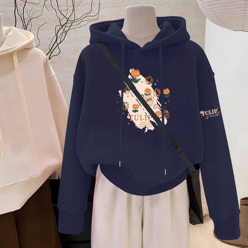 藏青色加绒加厚纯棉连帽短款卫衣女秋冬新款时尚洋气韩版保暖上衣