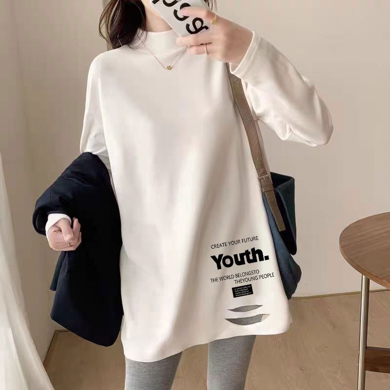 纯棉半高领加绒破洞打底衫女