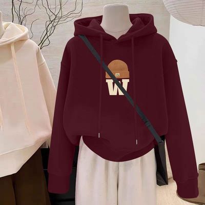 加绒加厚纯棉连帽短款卫衣女