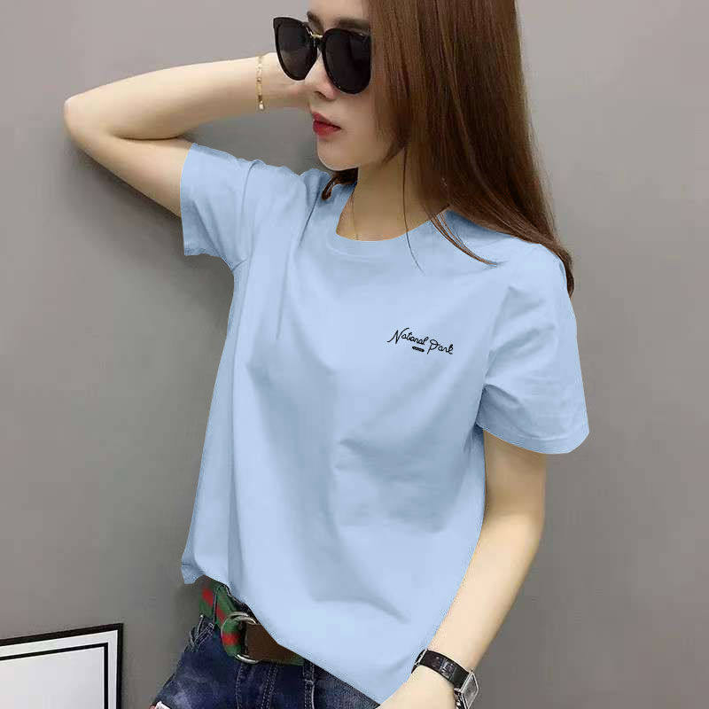 夏季100%纯棉短袖圆领休闲T恤女时尚新款洋气百搭宽松显瘦上衣潮