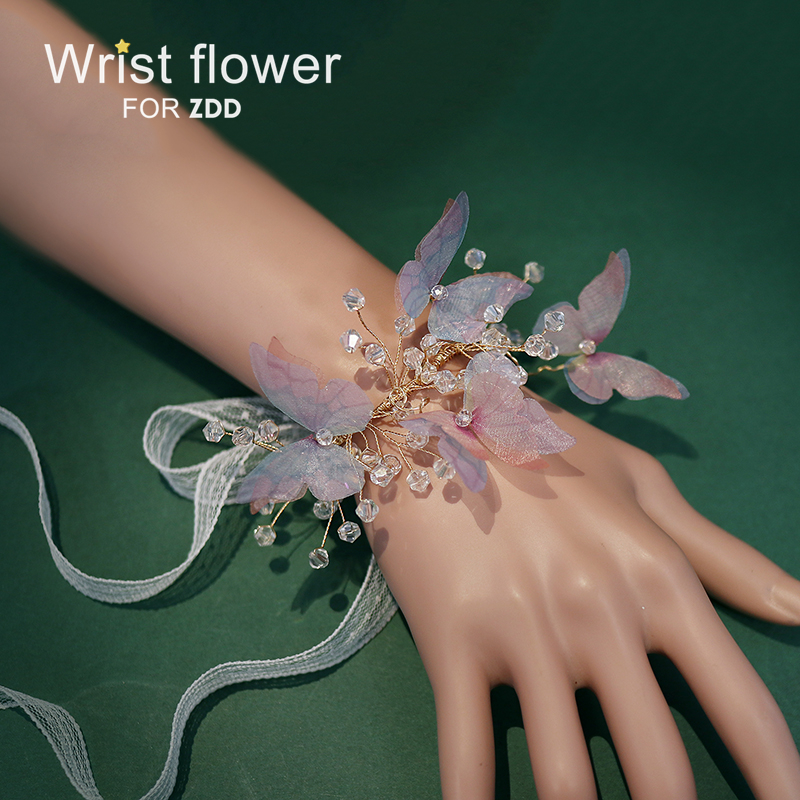 闪亮小清新森系婚礼新娘手腕花伴娘团手环花蓝粉色蝴蝶水晶手绑花