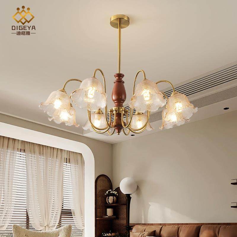 新中式复古创意田园客厅餐厅吊灯创意中古实木玻璃花朵民宿厅灯具