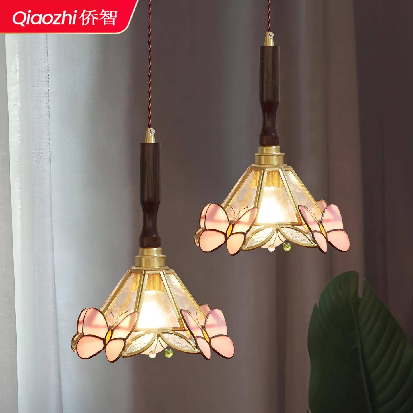 复古床头吊灯中山灯具玄关氛围灯装饰床头灯中古风单头玻璃小吊灯