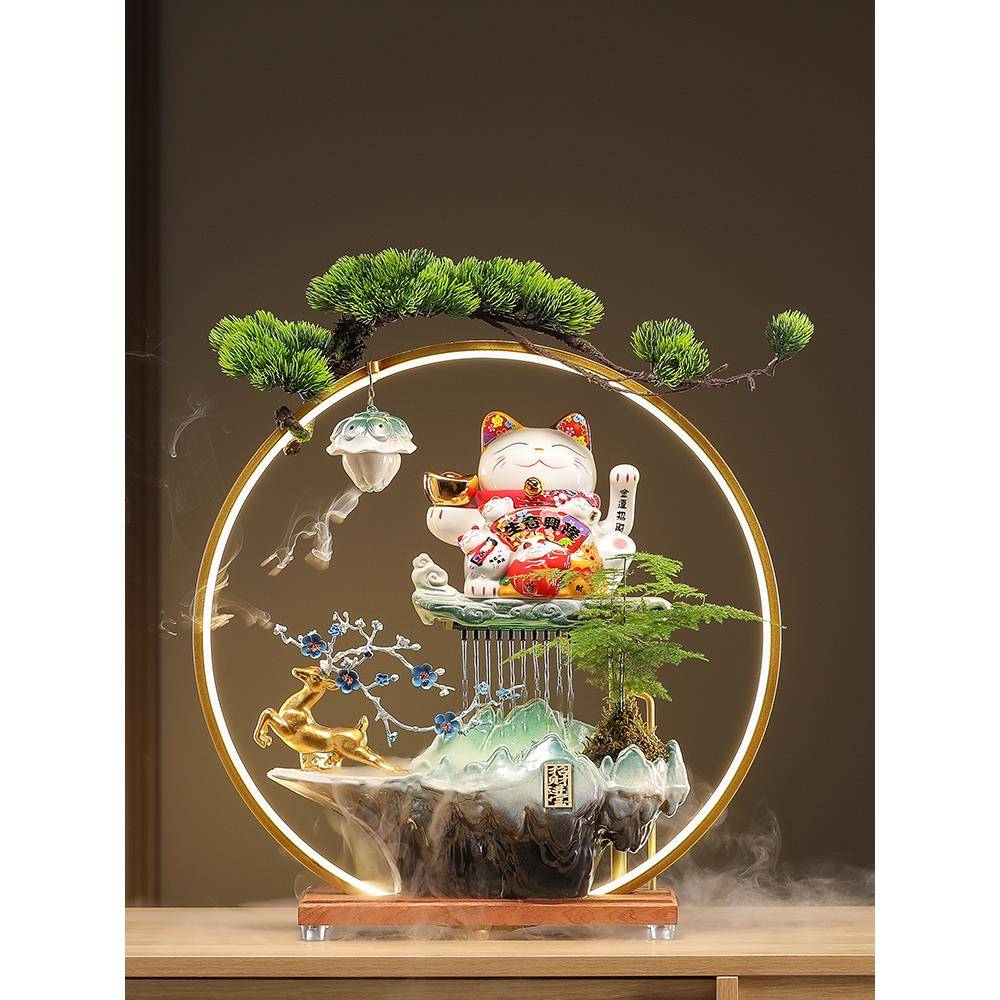 流水生财摆件家居客厅办公室桌面现代中式陶瓷招财猫装饰开业礼品