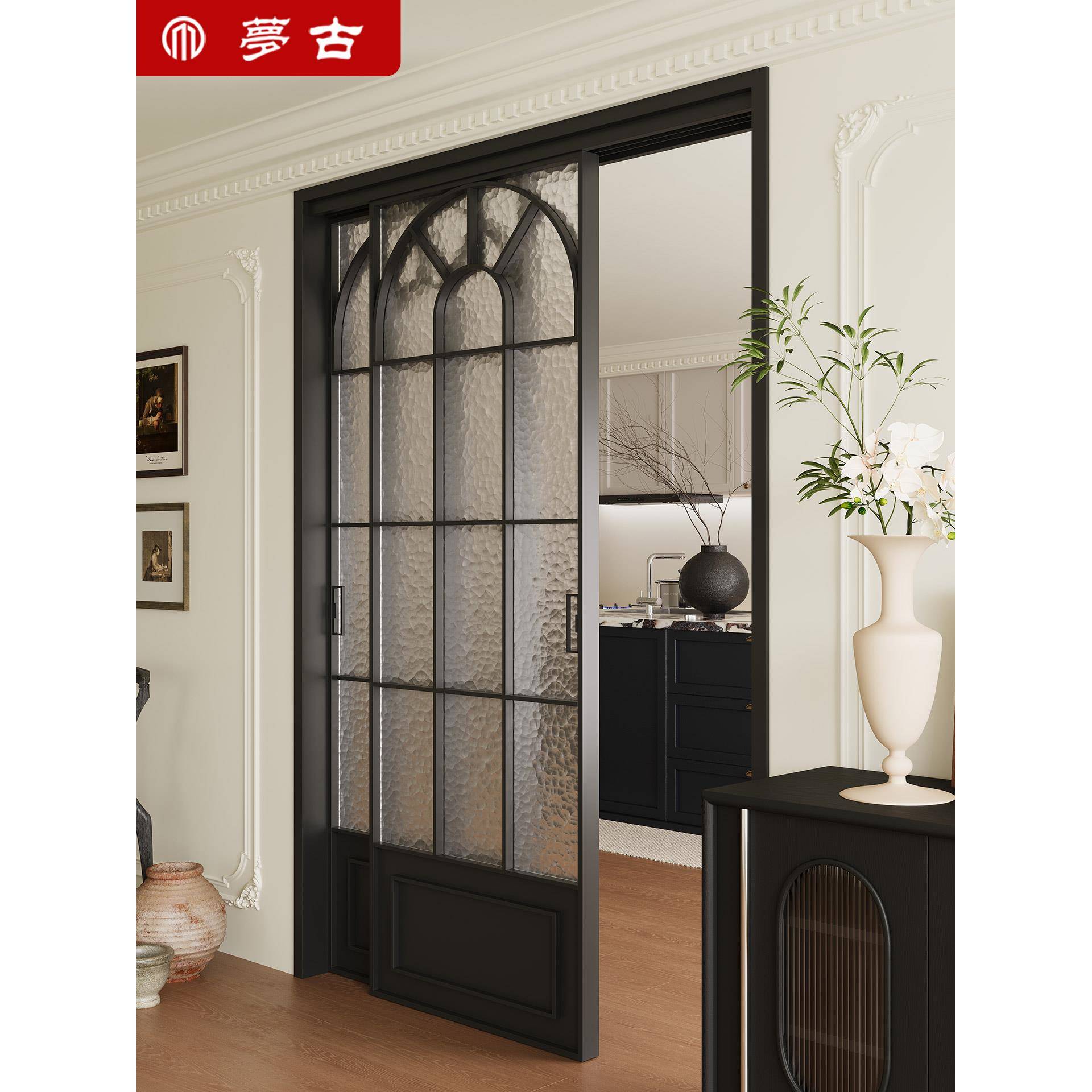 定制法式覆古厨房门推拉门三联动卧室吊轨简易阳台平移隔断玻璃门