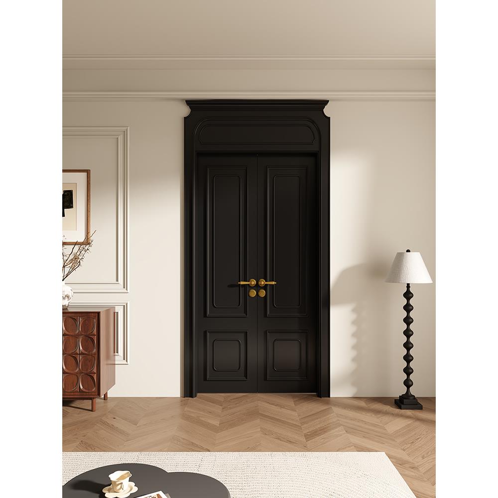 木以木作实木烤漆双开门黑色法式覆古卧室房间书房对开门入户定制