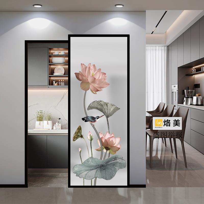 中式风格艺术玻璃客厅屏风幽灵门无轨道隐形移门厨房推拉门厕所门