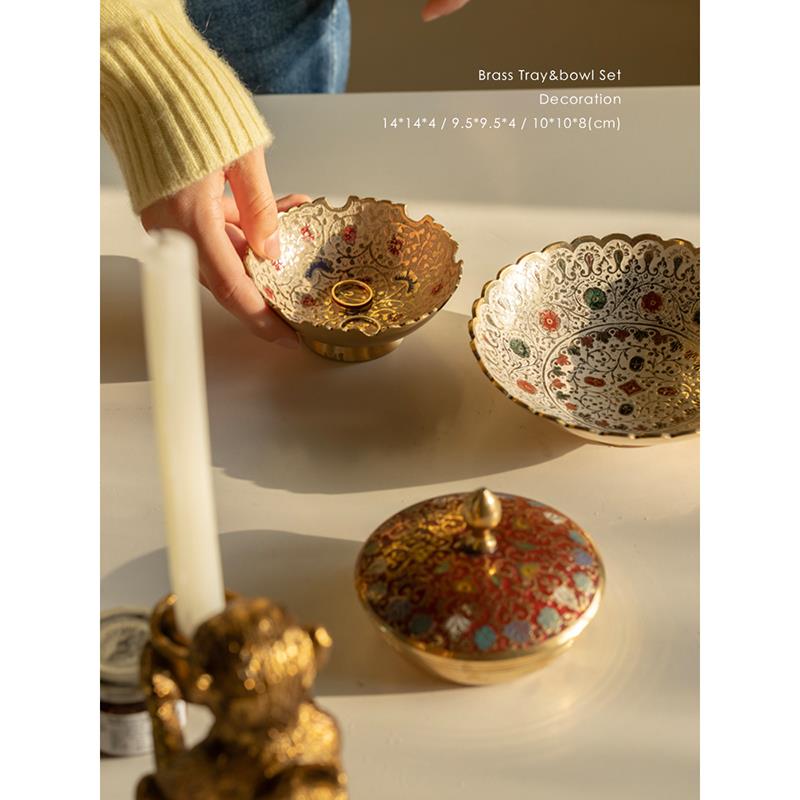 若奈家居真手绘！少量！印度舶来《金花盏》真黄铜置物盘首饰托盘