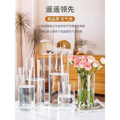 玻璃花瓶透明直筒马醉木龟背竹水培富贵竹鲜花南天竹插花客厅摆件