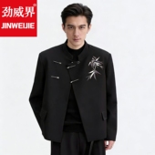劲威界新中式 男 套装 立领中山装 男国风刺绣黑色夹克外套高级感西装