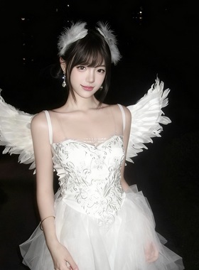 纯欲白天鹅羽毛天使套装cos服白色翅膀套装cos晚会派对装扮道具