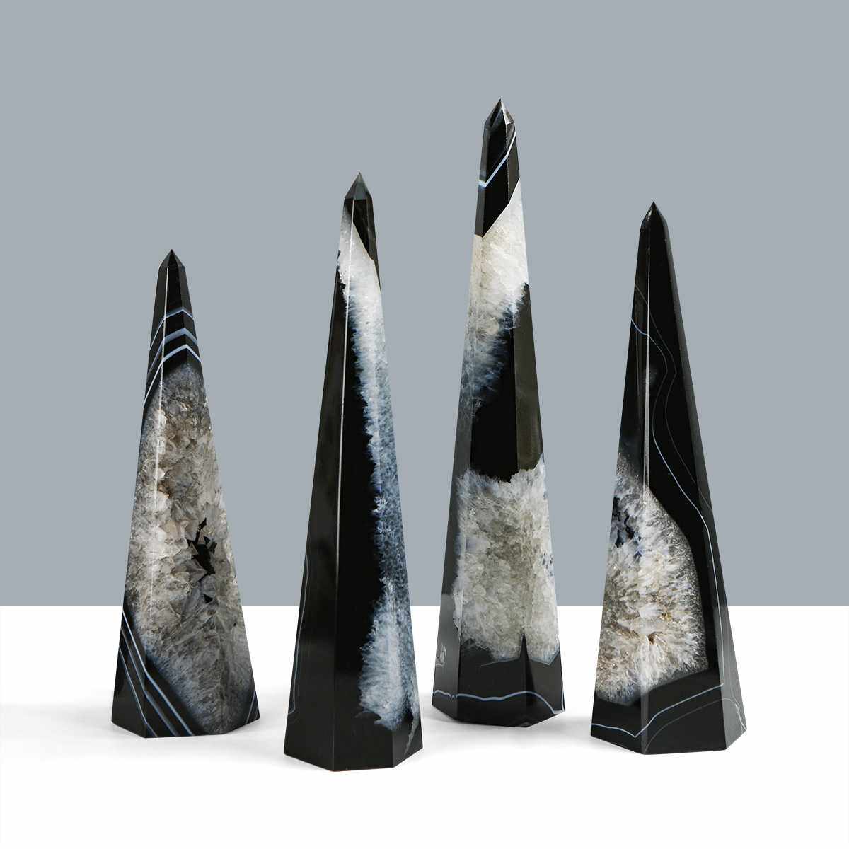 跨境热卖天然水晶高品质原石黑缠丝玛瑙单尖塔 装饰品收藏摆件