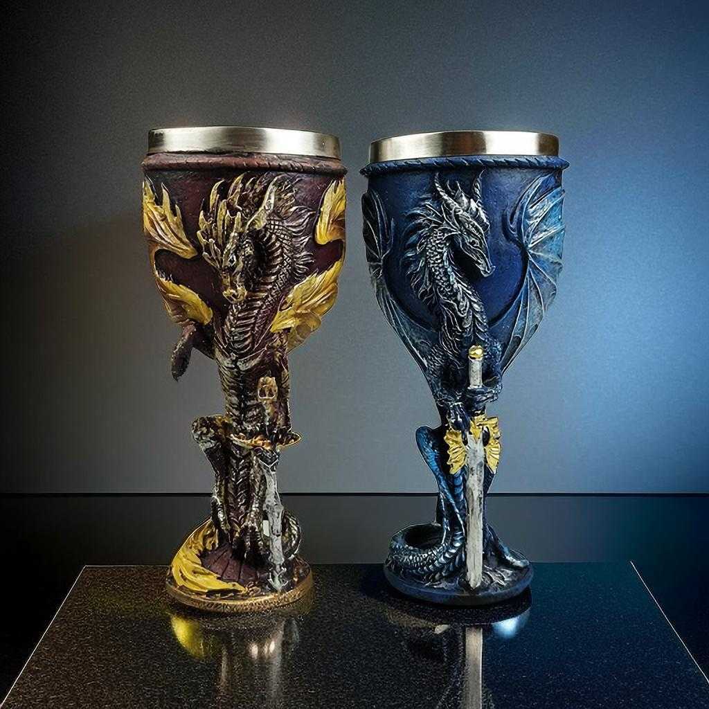 跨境欧洲翼龙龙剑高脚杯3D立体个性趣味创意摆件树脂酒吧红酒杯