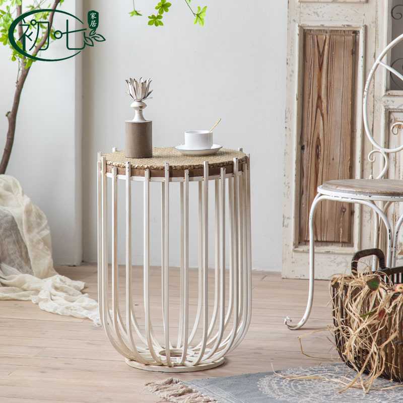 美式复古做旧圆几铁艺竹编桌面咖啡厅小茶几家居沙发边几民宿圆桌