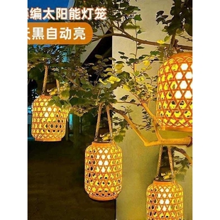 仿竹编太阳能麻绳藤编灯笼复古庭院花园户外装饰氛围吊灯阳台桌灯