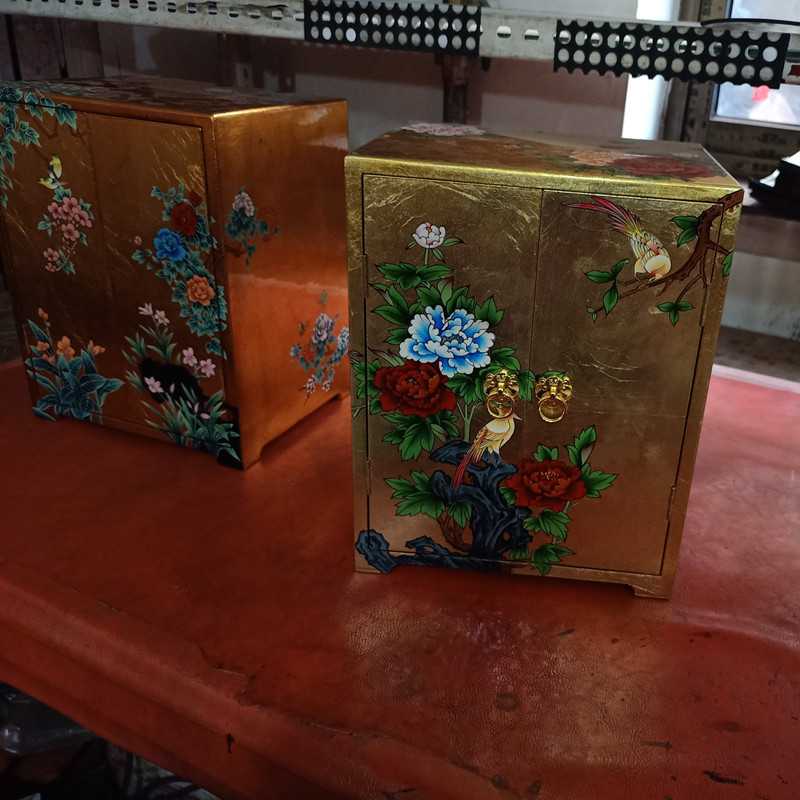 贴金箔手工彩绘漆器2门柜抽屉小柜子 创意新中式珠宝首饰收纳盒子