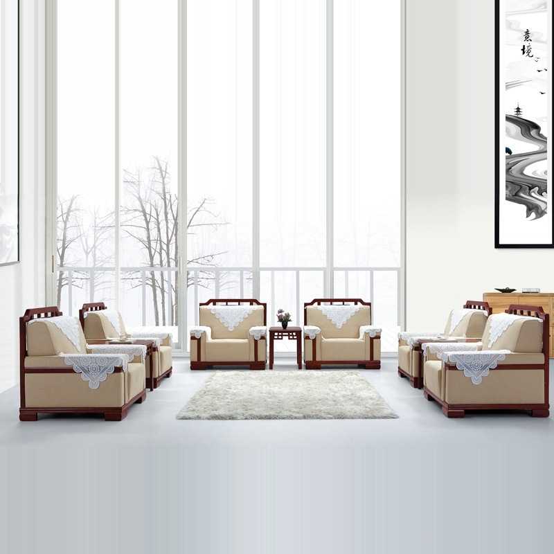 实木复古办公会议室布艺单人会客区商务洽谈贵宾接待沙发茶几组合