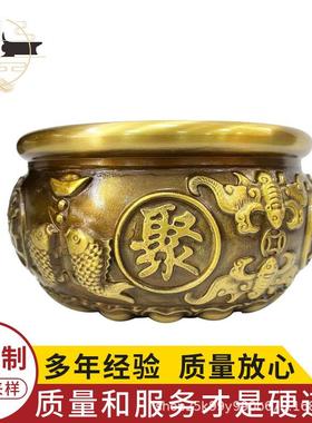 黄铜聚宝盆工艺品铜摆件中式双鱼八福家居摆件开业礼品办公室桌面