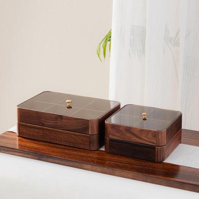 黑胡桃木双层带玻璃盖干果盒实木客厅简约新中式糖果盘收纳盒
