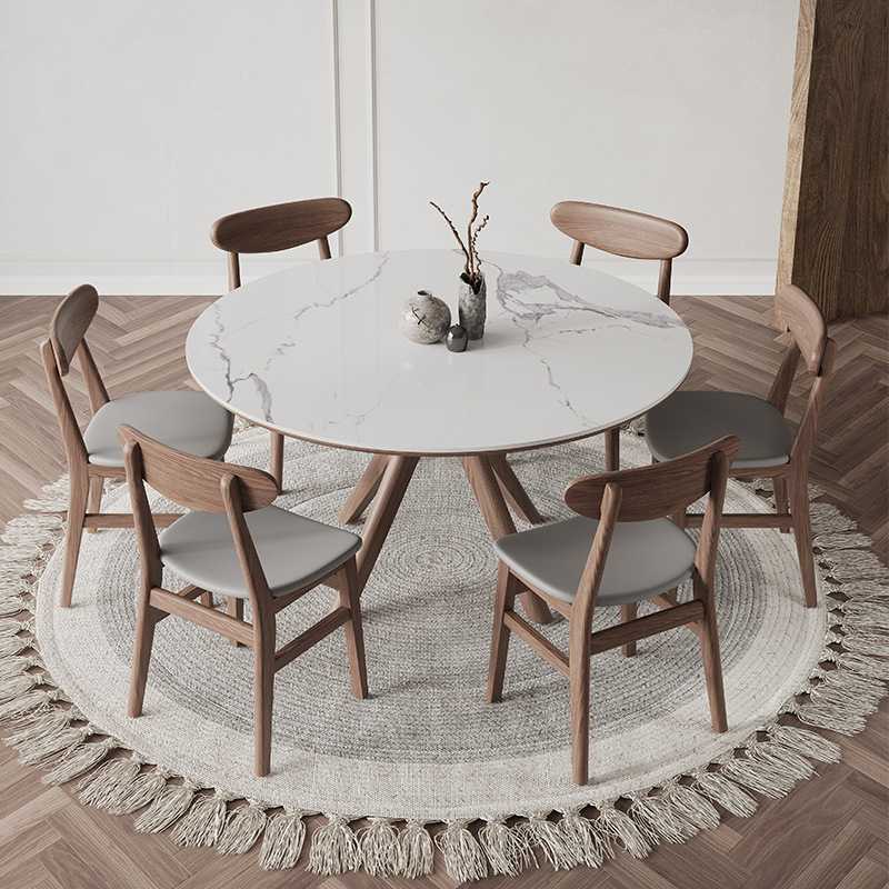 北欧岩板圆桌带转盘现代家用小户型白蜡木饭桌圆形实木餐桌椅组合