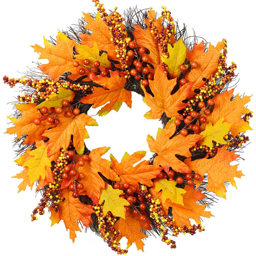 新款亚马逊丰收节花环仿真枫叶浆果藤环门挂感恩节万圣节装饰厂家