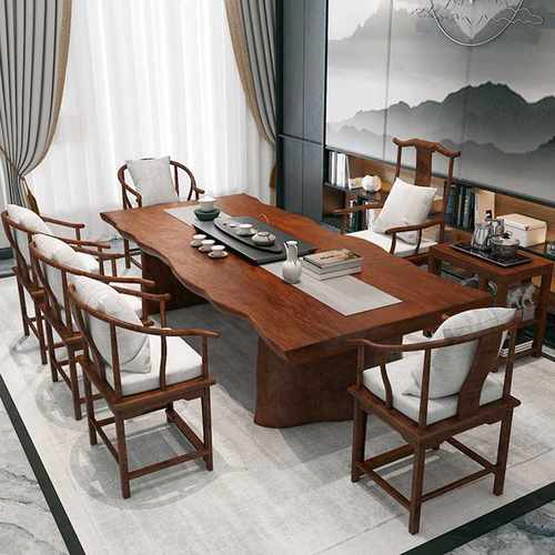 新中式茶台实木大板茶桌胡桃木功夫禅意整板办公会客茶桌椅组合