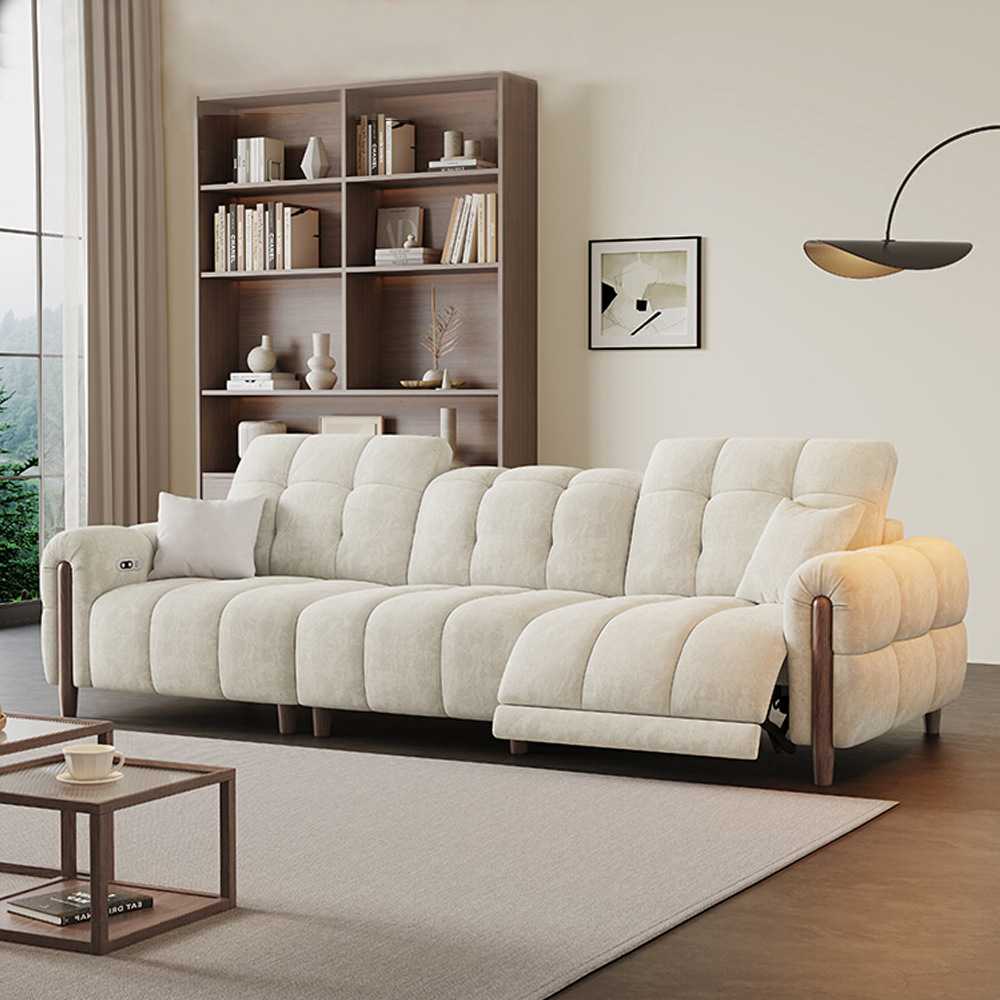 简约可伸缩电动功能布艺沙发中古风零靠墙北欧客厅可调节实木