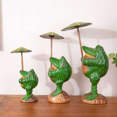 东南亚风全实木青蛙打伞桌面摆件玄关电视柜办公室装饰品客厅创意