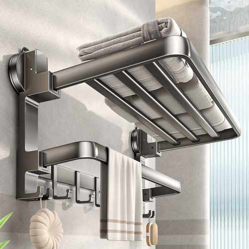 枪灰色铝合金吸盘毛巾架简约卫生间浴室置物架免打孔浴巾架子套装