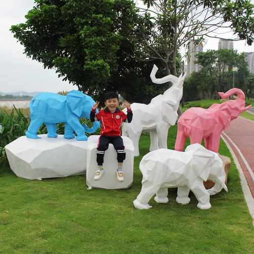 热销户外玻璃钢雕塑大象摆件凳子块面几何抽象火烈鸟商场美陈动物