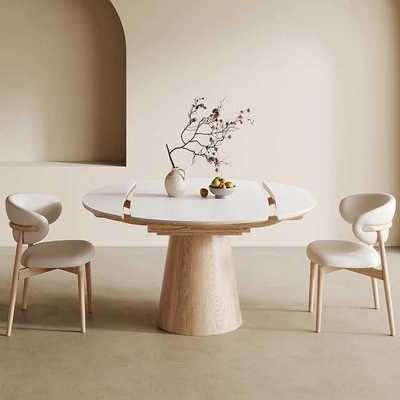 实木岩板餐桌可伸缩折叠方圆两用白蜡木纹家用小户型圆形岩板饭桌