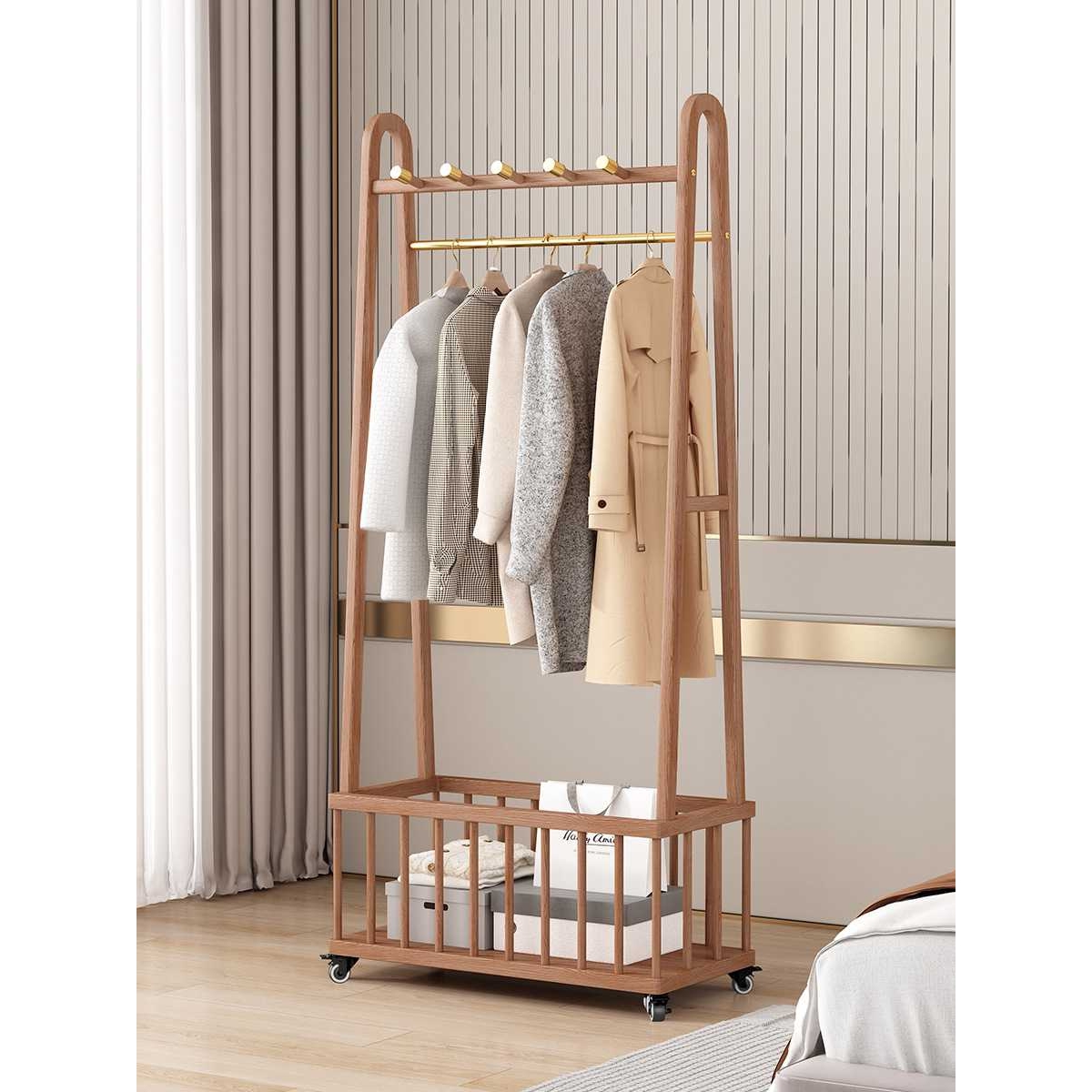 轻奢衣帽架落地白蜡木可移动挂衣架卧室收纳脏衣篮家用衣服置新品