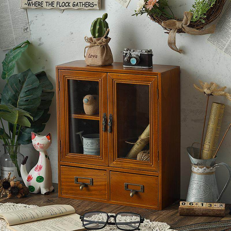 复古桌面收纳盒实木马克杯子收纳柜子化妆品办公室木质书桌置物架